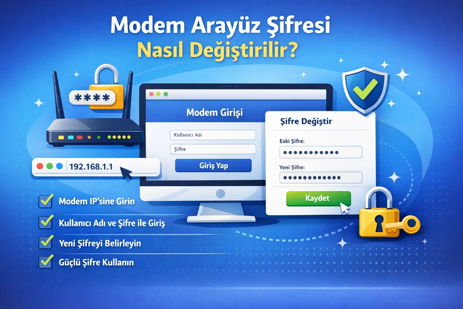 Modem arayüz şifresi nasıl değiştirilir: modem giriş ekranı, şifre değiştirme adımları ve güvenli modem yönetimi görseli